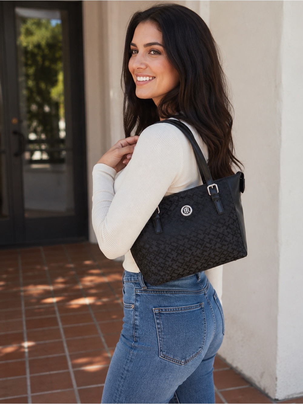 Tommy Hilfiger Black Monogram Logo Tote Bag